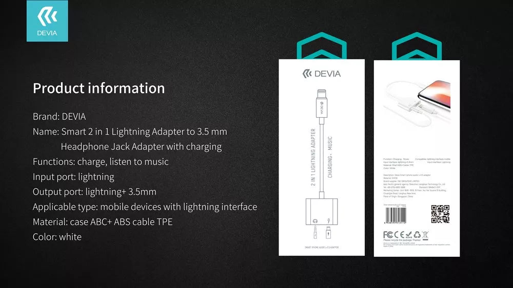 Devia - Lightning to 3.5mm & Lightning Headphone Adapter - White
